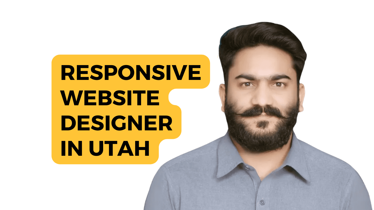 There’s a yellow speech bubble containing black text that reads “RESPONSIVE WEBSITE DESIGNER IN UTAH.” This image appears to be promotional material for someone offering website design services in Utah. The blurring of the face suggests privacy or anonymity for the individual being advertised. If you have any further questions, feel free to ask!