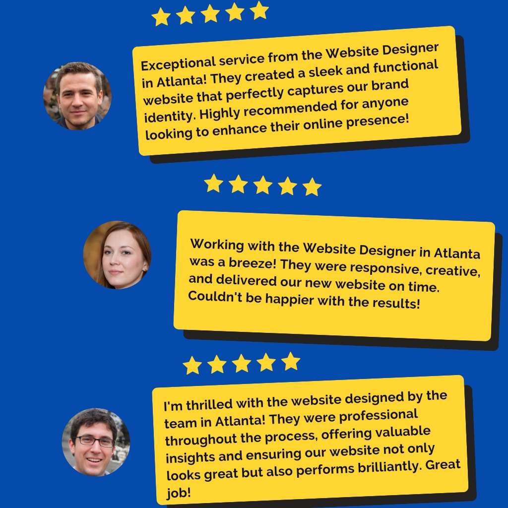 A series of text bubbles with testimonials, each accompanied by an emoji representing a person. The background is blue, and the text bubbles are yellow with black text. The testimonials express appreciation for Ali, a website designer in Houston, who delivered comprehensive online solutions, increased web traffic, and executed visions perfectly. If you need a professional website designer, Ali comes highly recommended!