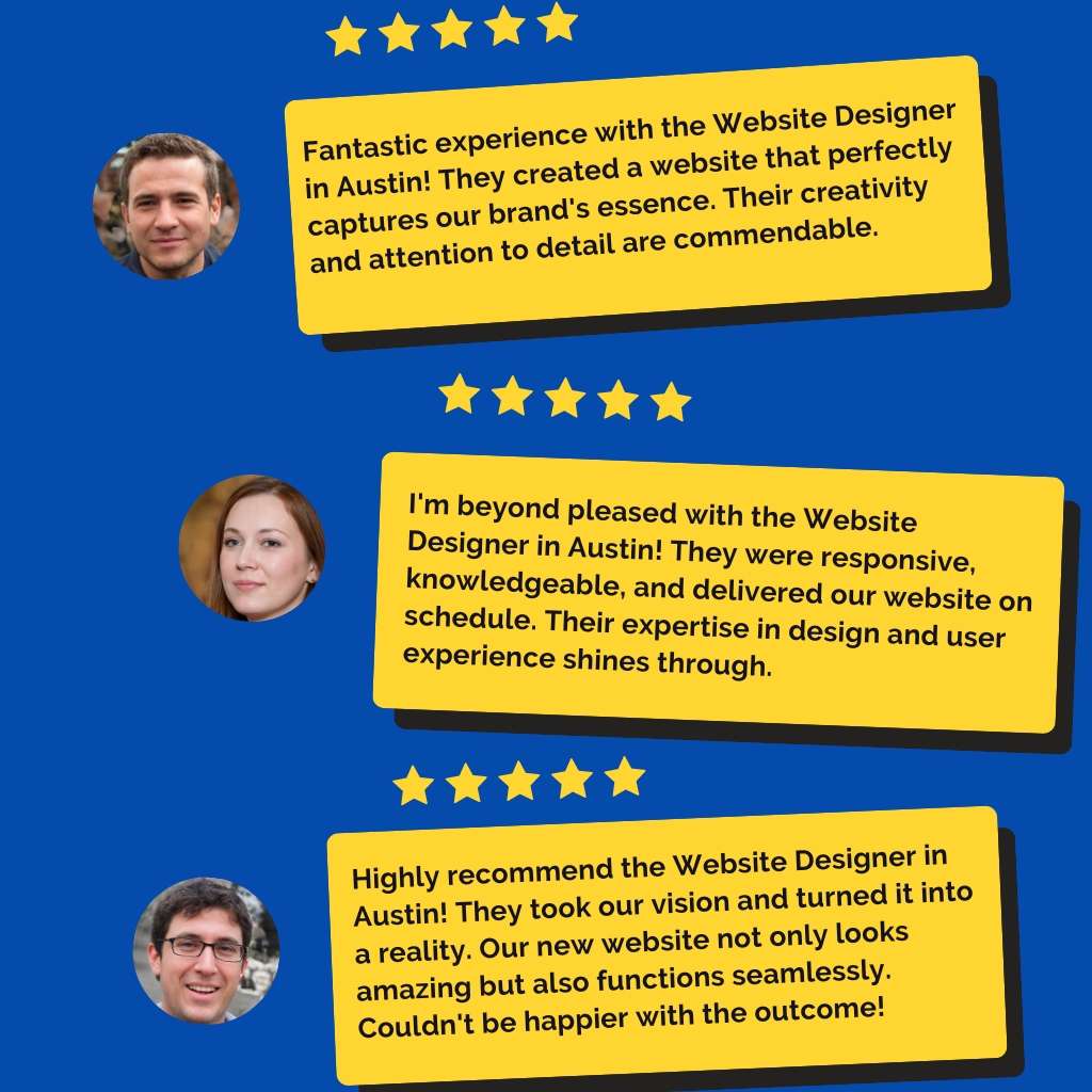 A series of text bubbles with testimonials, each accompanied by an emoji representing a person. The background is blue, and the text bubbles are yellow with black text. The testimonials express appreciation for Ali, a website designer in auston, who delivered comprehensive online solutions, increased web traffic, and executed visions perfectly. If you need a professional website designer, Ali comes highly recommended!