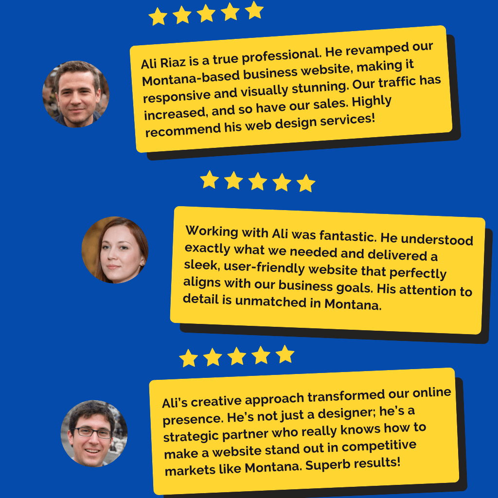 A series of text bubbles with testimonials, each accompanied by an emoji representing a person. The background is blue, and the text bubbles are yellow with black text. The testimonials express appreciation for Ali, a website designer in Knoxville, who delivered comprehensive online solutions, increased web traffic, and executed visions perfectly. If you need a professional website designer, Ali comes highly recommended!