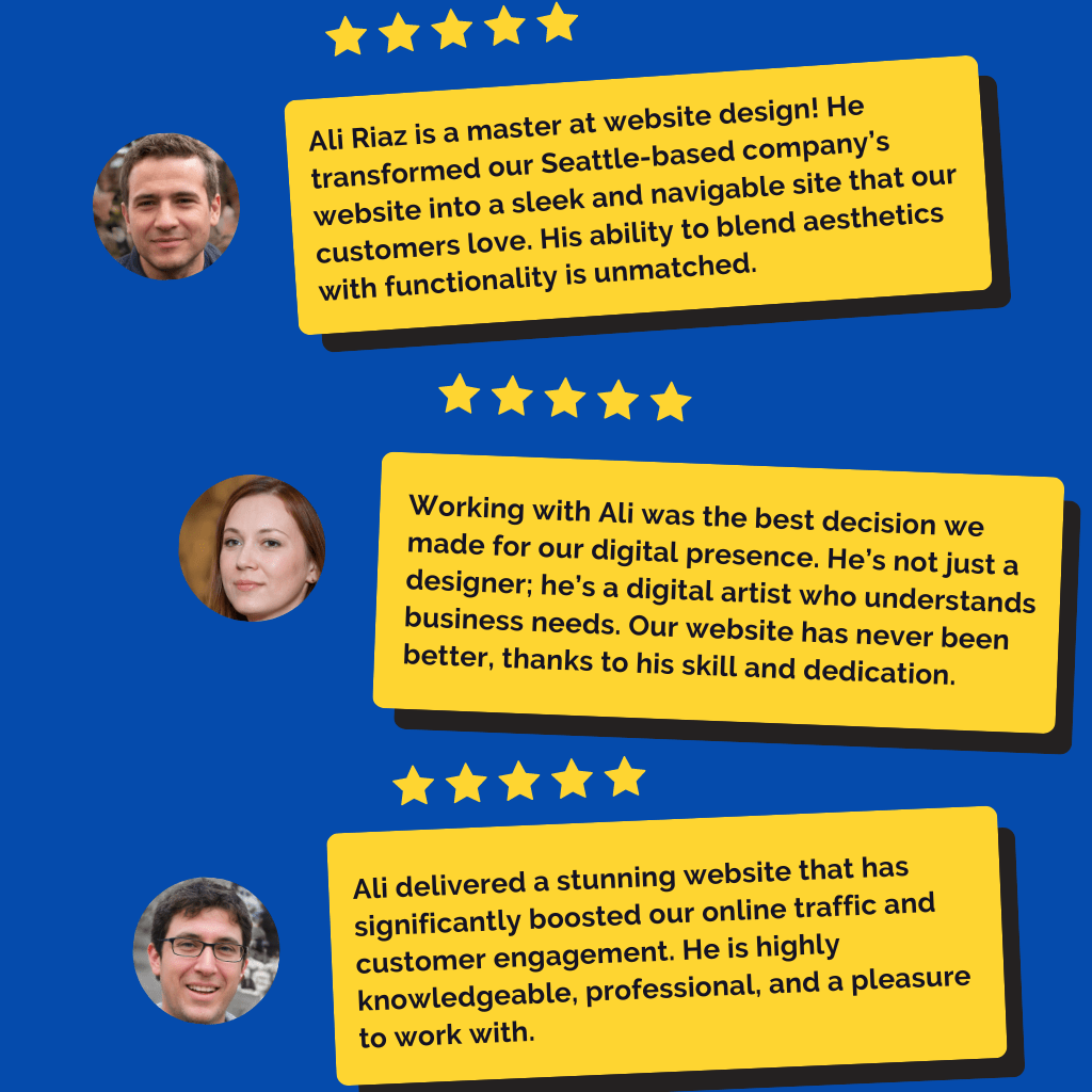 A series of text bubbles with testimonials, each accompanied by an emoji representing a person. The background is blue, and the text bubbles are yellow with black text. The testimonials express appreciation for Ali, a website designer in Seattle, who delivered comprehensive online solutions, increased web traffic, and executed visions perfectly. If you need a professional website designer, Ali comes highly recommended!