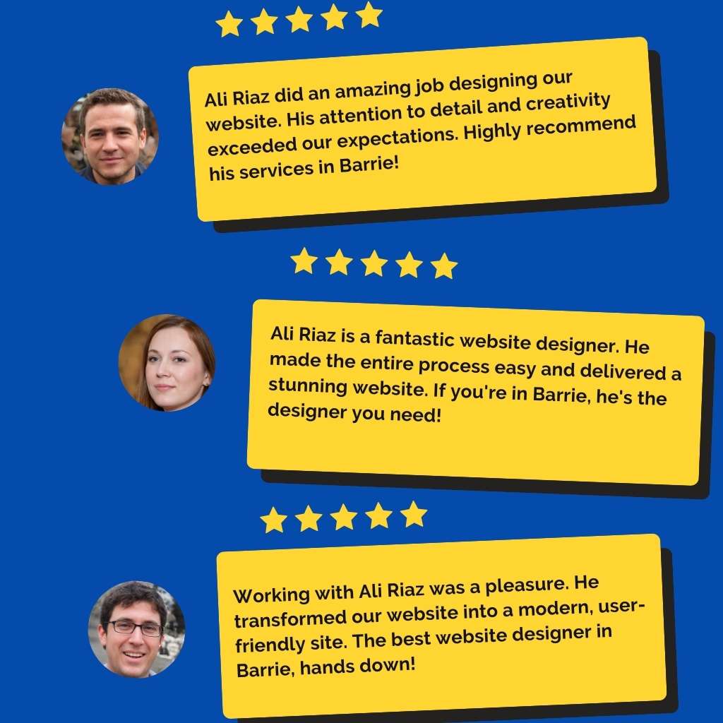 A series of text bubbles with testimonials, each accompanied by an emoji representing a person. The background is blue, and the text bubbles are yellow with black text. The testimonials express appreciation for Ali, a website designer in Barrie, who delivered comprehensive online solutions, increased web traffic, and executed visions perfectly. If you need a professional website designer, Ali comes highly recommended!